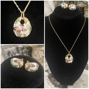 QIANSE “Spring of Versailles" Butterfly Cloisonné Pendant Necklace Jewelry Set